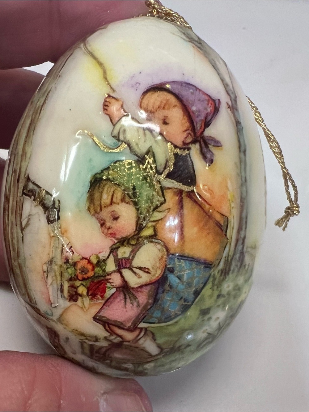 Vintage Decorative Egg Ornament With Hummel Style Children Scene